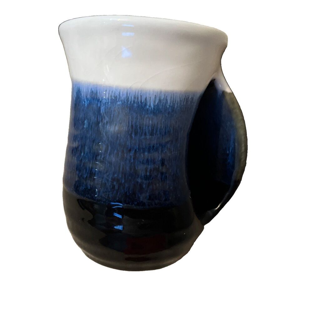 Neher Pottery Left Handed Mug Hand Warmer Blue White Made In USA Coffee Large